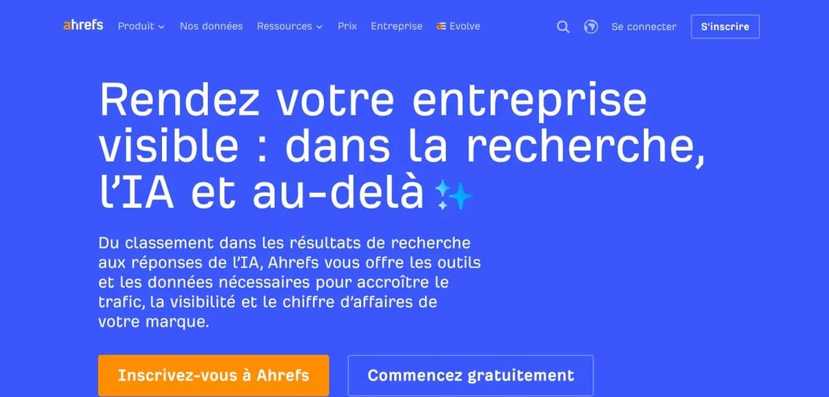 Page d'accueil d'Ahrefs, outils d'analyse de liens entrants, de mots-clés et de visibilité dans l'IA