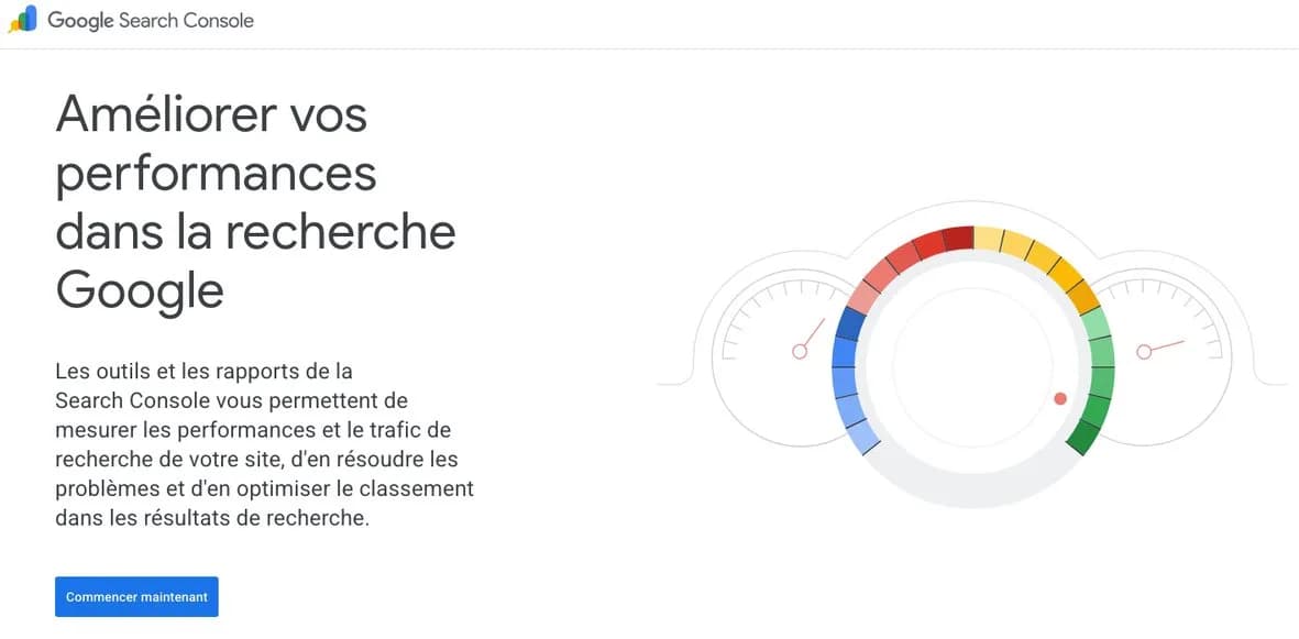 Page de présentation de Google Search Console, outil gratuit pour suivre l'indexation, les requêtes et les Core Web Vitals d'un site