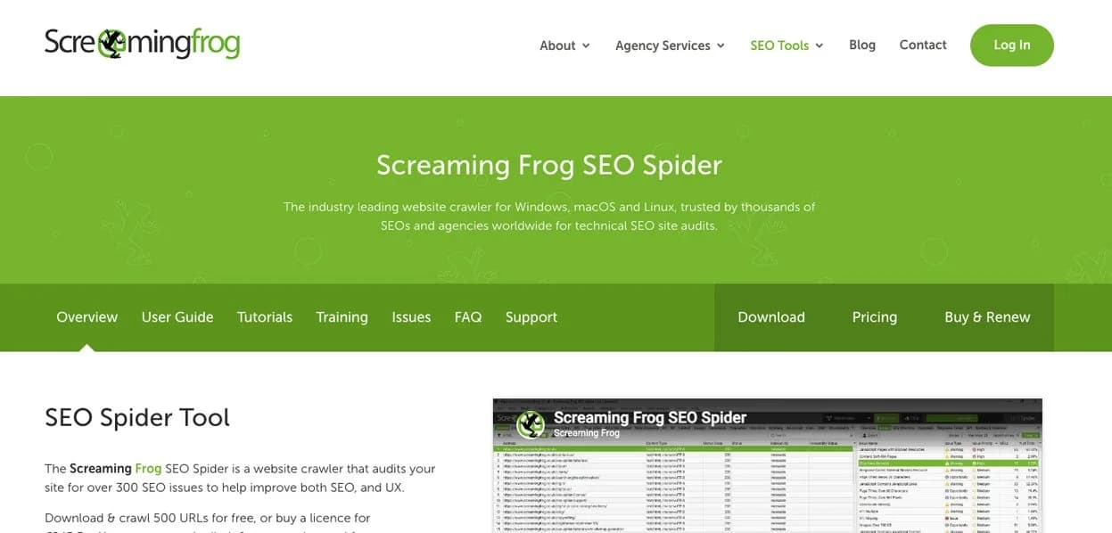 Page de Screaming Frog SEO Spider, crawler installé sur ordinateur qui audite les erreurs techniques d'un site