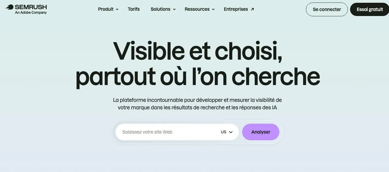 Page d'accueil de Semrush, plateforme de recherche de mots-clés, d'analyse des concurrents et de visibilité dans l'IA