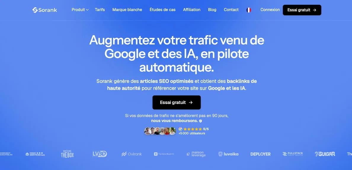 Page d'accueil de Sorank, logiciel SEO qui rédige et publie des articles sur une boutique Shopify, obtient des liens et suit les citations dans les IA